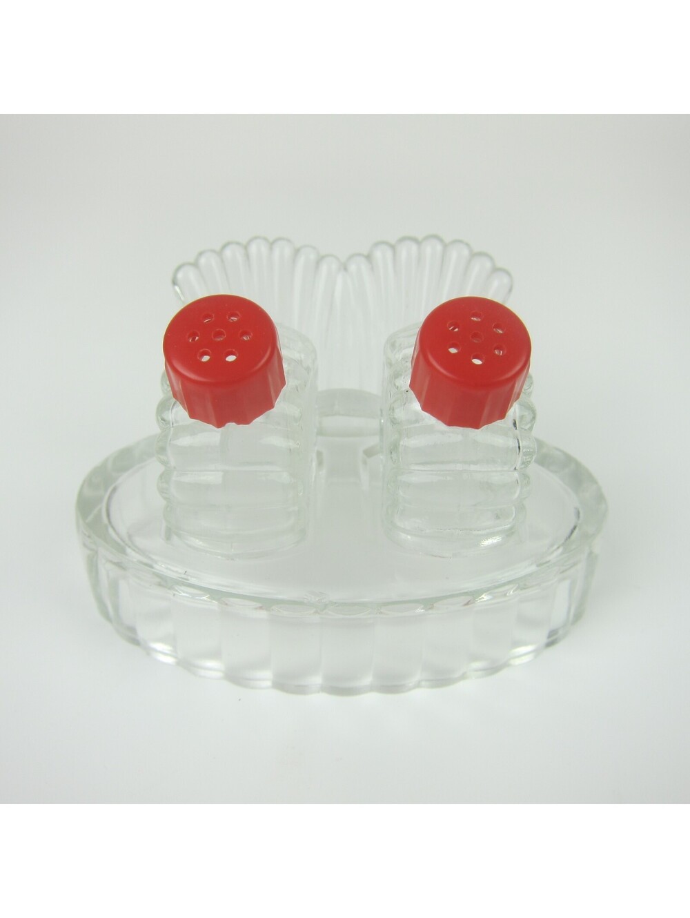 Vintage Pressed Glass Clam Shell Salt & Pepper Shakers Hazel Atlas Red Lucite